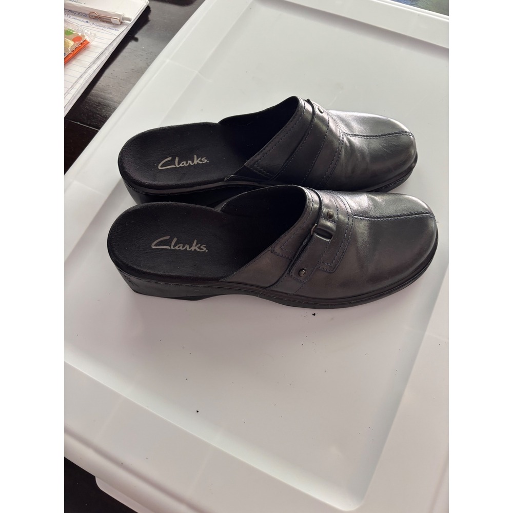 Clarks Womens Leather Mules Clogs Gray Blue Stitching Buckle Slip On Shoes 9.5